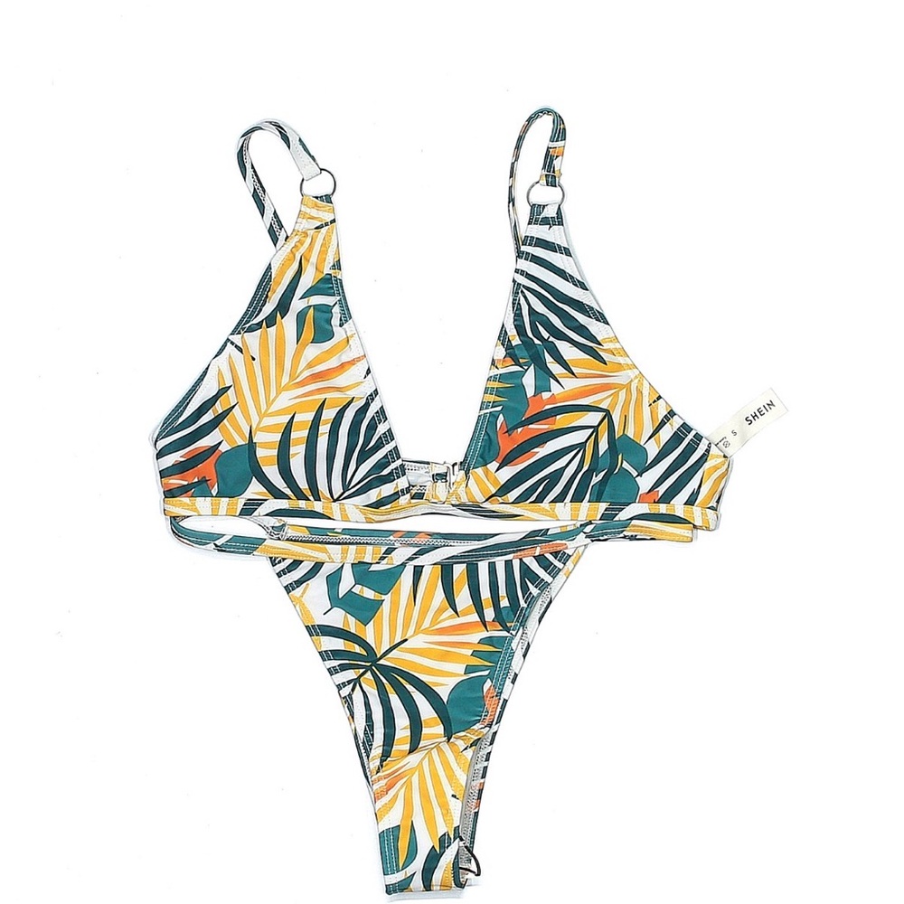 SHEIN Yellow Green Tropical Leaf Triangle Bikini Set